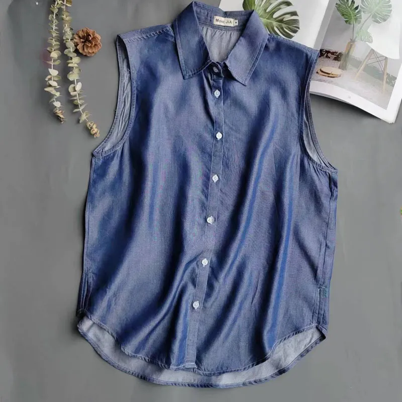Kemeja Denim Biru Tanpa Lengan - Shirt Camp Collar ulasan dan harga