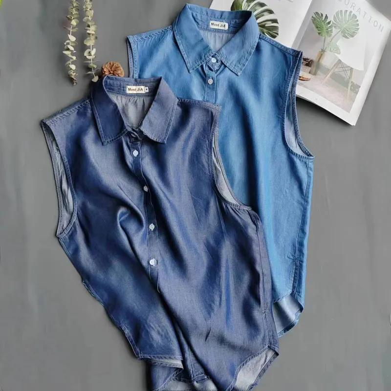 Kemeja Denim Biru Tanpa Lengan - Shirt Camp Collar ulasan dan harga