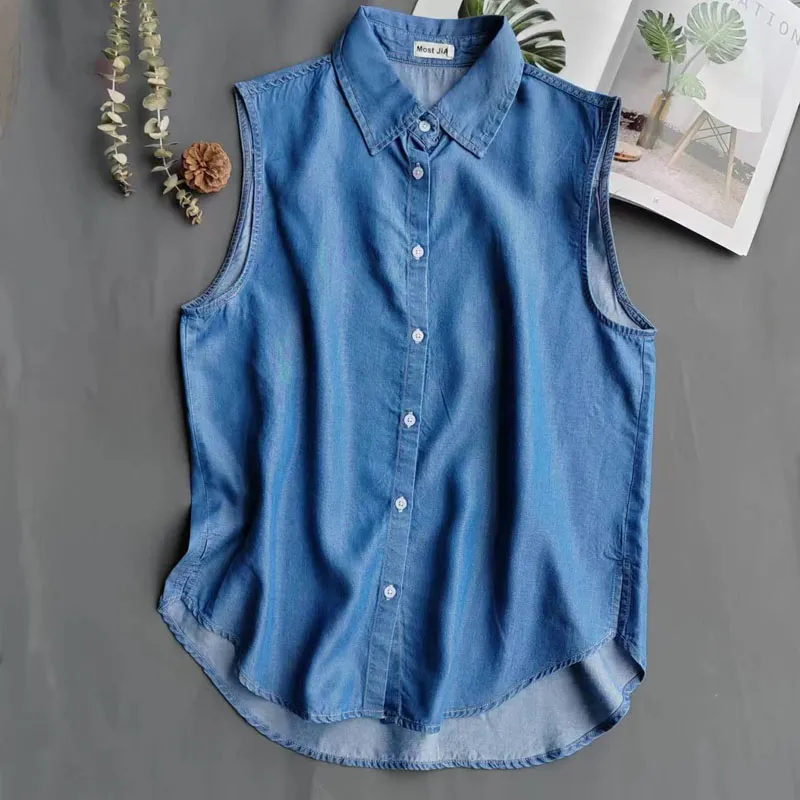 Kemeja Denim Biru Tanpa Lengan - Shirt Camp Collar ulasan dan harga