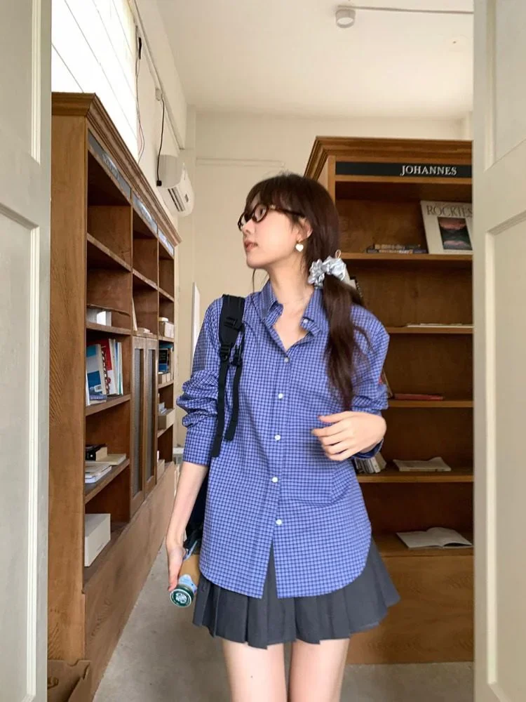 Kemeja Kotak-kotak Biru Antik  - Shirt Camp Collar ulasan dan harga